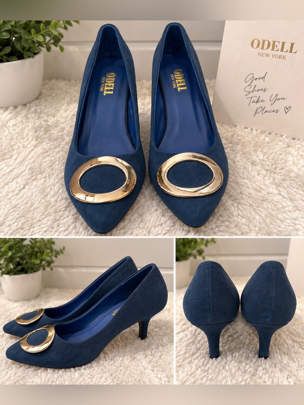 Dell Navy Suede Pointed-Toe Heels with Gold Circle Accent